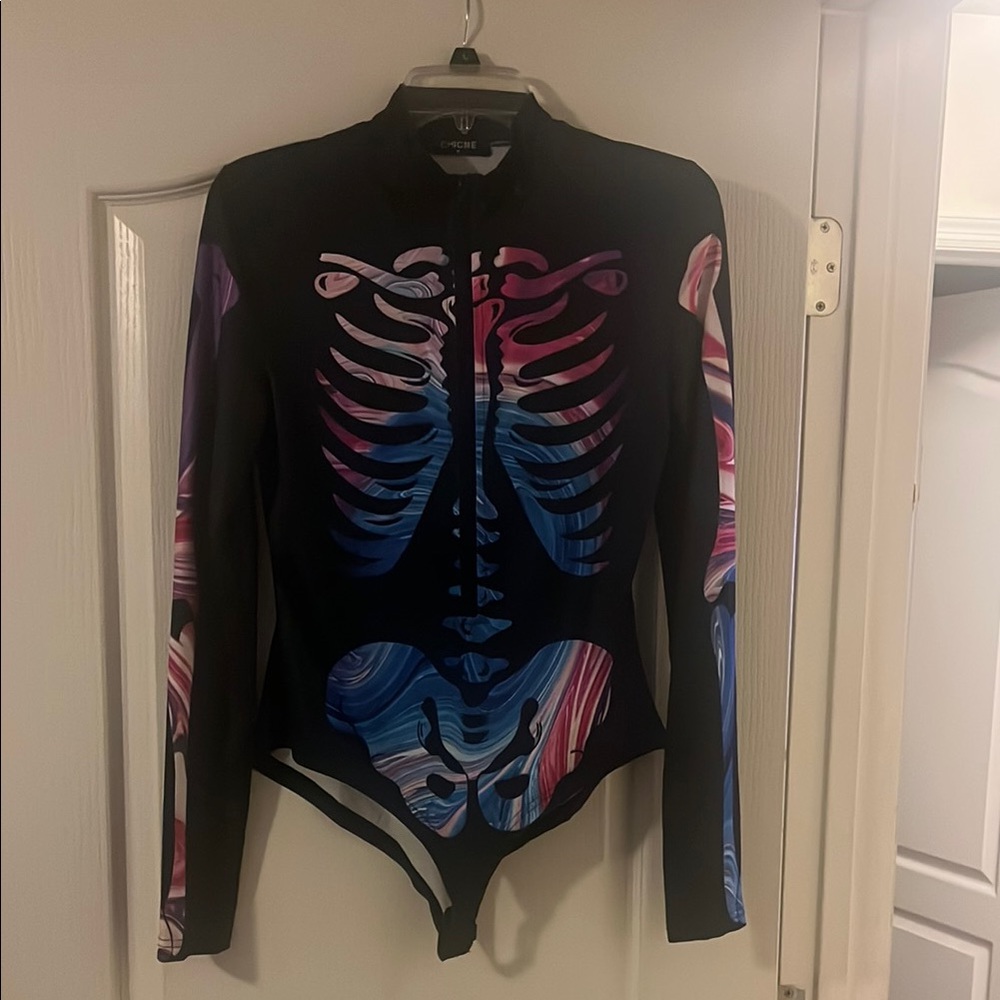 Chic Black and Pink Bodysuit with Skeleton Design